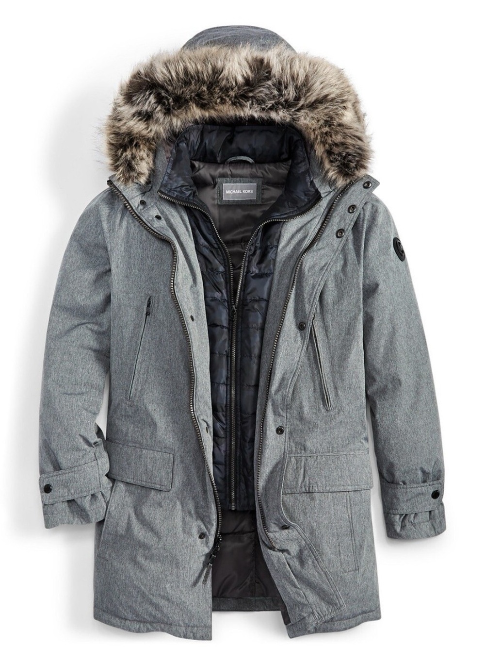 Michael Kors Heather Grey Quilted-Trim Parka with Faux Fur Hood